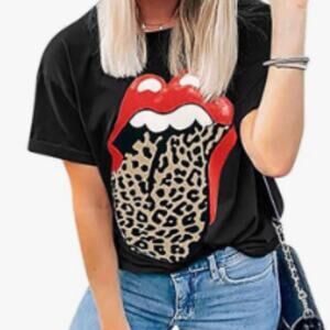 Leopard Tongue Graphic Red Lip T-Shirt Short Sleeves Black T-Shirt